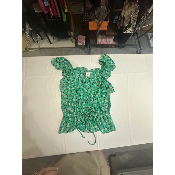 Cabi Green Floral Ruffle Blouse – Size S, Daisy Print with Waist Tie - Picture 4 of 10